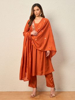 CHETI - Rust Women Bamboo Silk A-Line Embroidered Kurta and Pant with Dupatta