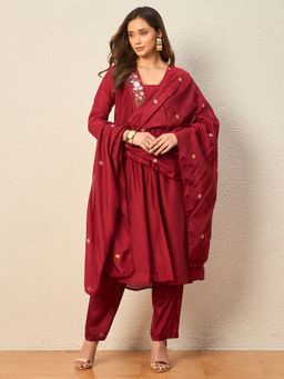 CHETI - Maroon Women Bamboo Silk A-Line Embroidered Kurta and Pant with Dupatta