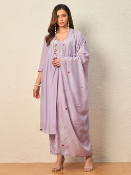 CHETI - Lavender Women Bamboo Silk A-Line Embroidered Kurta and Pant with Dupatta
