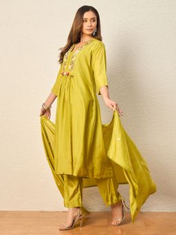 CHETI - Green Women Bamboo Silk A-Line Embroidered Kurta and Pant with Dupatta