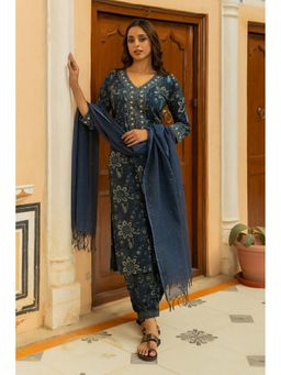TERHA TAALI - Natural Indigo Hand Block Kurta with Pant and Dupatta