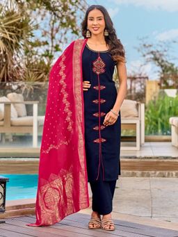 Tansi - Navy Blue Vichitra Kurta with Pant and Dupatta
