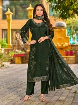 Tansi - Bottle Green Jacquard Kurta with Pant and Dupatta