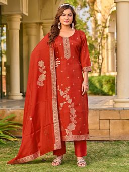 Tansi - Rust Jacquard Kurta with Pant and Dupatta
