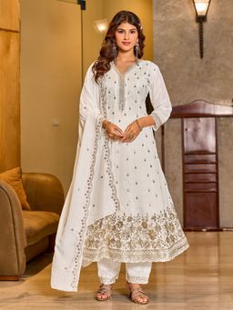 Tansi - Off White Vichitra Kurta with Pant and Dupatta