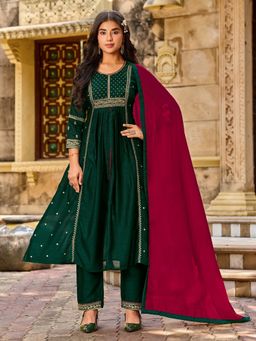 Tansi - Bottle Green Vichitra Kurta with Pant and Dupatta