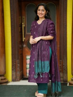 Kedar Fab - Women Wine Art Silk Woven Butta Motif Kurta with Pant and Dupatta