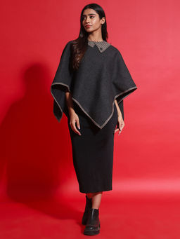 Zamour - Woman Black Woven Designer Poncho