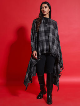 Zamour - Woman Black Woven Checks Cape Shrug