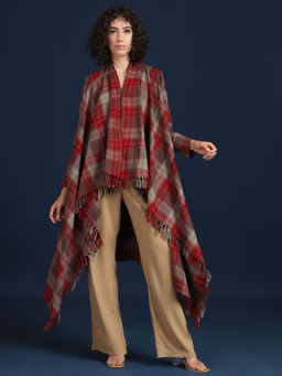 Zamour - Woman Maroon Woven Checks Cape Shrug