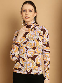 NOBARR - Womens High-Neck Full Sleeve Mustard Printed Top