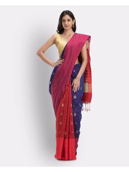 Angoshobha - Handwoven Printed Festive Cotton Blend Saree -Blue Red with Unstitched