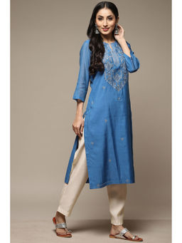 Biba - Womens Blue Yarndyed Poly Chanderi Straight Kurta