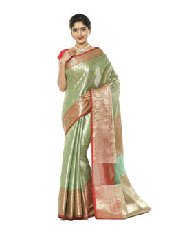 Banarasi Silk Works - Green Kanchi Silk Maroon Pattu Border Saree with Unstitched Blouse