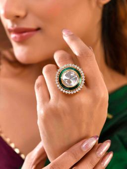 Voylla - Kundan Opulance Chand Meena Emerald Ring (Adjustable)