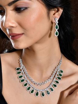 Voylla - Sparkling Essentials Emerald Cascade Layered American Diamond Necklace Set