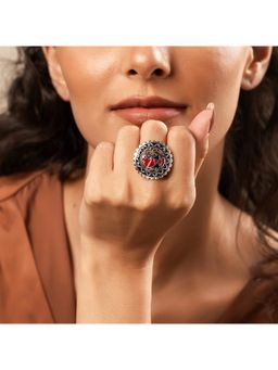 Voylla - Madhubani Pakhi Phool Oxidised Enamel Ring (Adjustable)