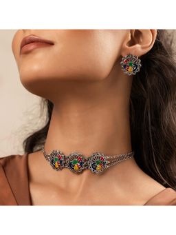 Voylla - Madhubani Matsya Mayur Oxidised Enamel Choker Necklace Set