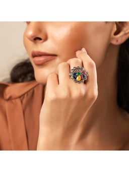 Voylla - Madhubani Matsya Mayur Oxidised Enamel Ring (Adjustable)
