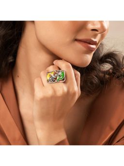 Voylla - Madhubani Matsya Mandala Oxidised Enamel Ring (Adjustable)