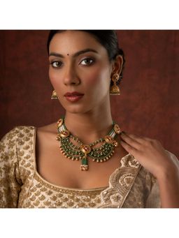 Voylla - Gold Elegance Royal Emerald Kundan Pearl Necklace Set