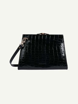 ZAMANA - Women Textured Handbag - Black Crocodile
