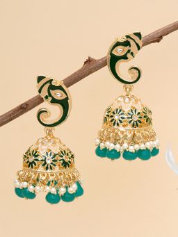 Karatcart - Gold Plated Green Lord Ganesha Jhumki Earrings for Women