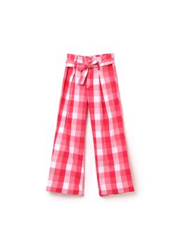 United Colors of Benetton - Girls Red Checked Regular Fit Trousers with Belt (Set of 2)
