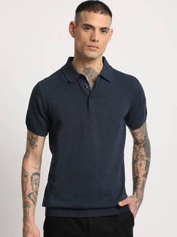 The Bear House - Men Blue Solid Slim Fit Polo T-Shirt
