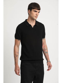 The Bear House - Men Black Self Design Regular Fit Polo T-shirt