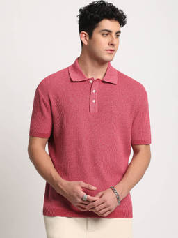 The Bear House - Men Pink Self Design Slim Fit Polo T-Shirt