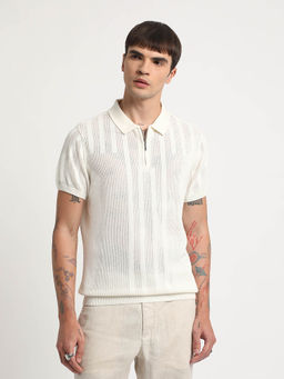 The Bear House - Men White Self Design Relaxed Fit Cotton Polo T-shirt