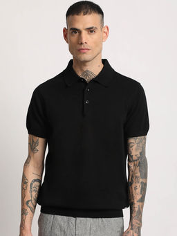 The Bear House - Men Black Solid Regular Fit Polo T-Shirt