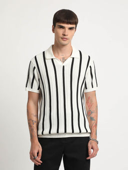 The Bear House - Men White Vertical Striped Regular Fit Polo T-shirt