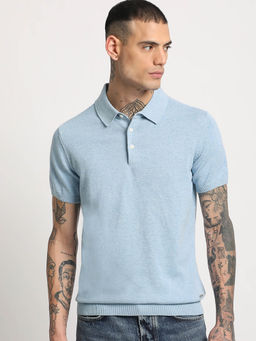 The Bear House - Men Blue Solid Regular Fit Polo T-Shirt