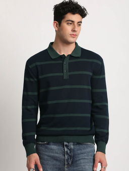 The Bear House - Men Green Striped Regular Fit Polo T-shirt