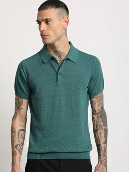 The Bear House - Men Teal Solid Regular Fit Polo T-Shirt