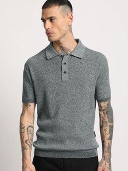 The Bear House - Men Blue Self Design Regular Fit Polo T-Shirt