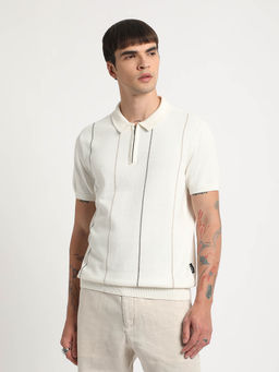 The Bear House - Men White Striped Relaxed Fit Cotton Polo T-shirt