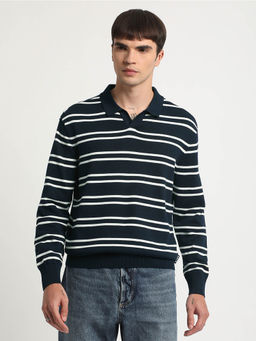 The Bear House - Men Blue Striped Regular Fit Cotton Polo T-shirt