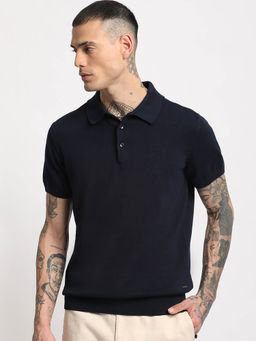 The Bear House - Men Blue Solid Regular Fit Polo T-Shirt
