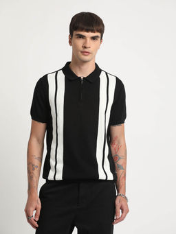 The Bear House - Men Black Vertical Striped Regular Fit Polo T-shirt