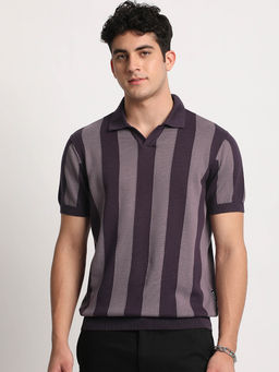 The Bear House - Men Purple Striped Regular Fit Polo T-Shirt