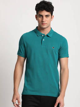 The Bear House - Men Teal Solid Regular Fit Polo T-Shirt