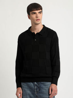 The Bear House - Men Black Checked Regular Fit Polo T-shirt