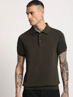 The Bear House - Men Olive Solid Regular Fit Polo T-Shirt