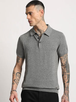 The Bear House - Men Grey Solid Regular Fit Polo T-Shirt