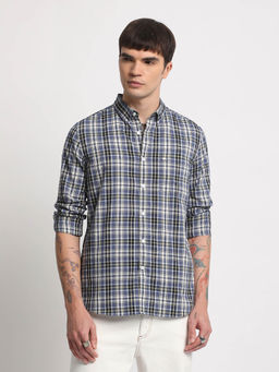 The Bear House - Men Blue Checked Slim Fit Cotton Casual Shirt