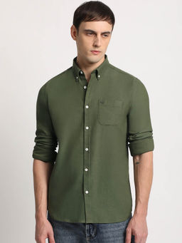 The Bear House - Men Green Solid Slim Fit Cotton Casual Shirt