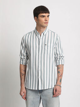 The Bear House - Men White Striped Slim Fit Cotton Casual Shirt